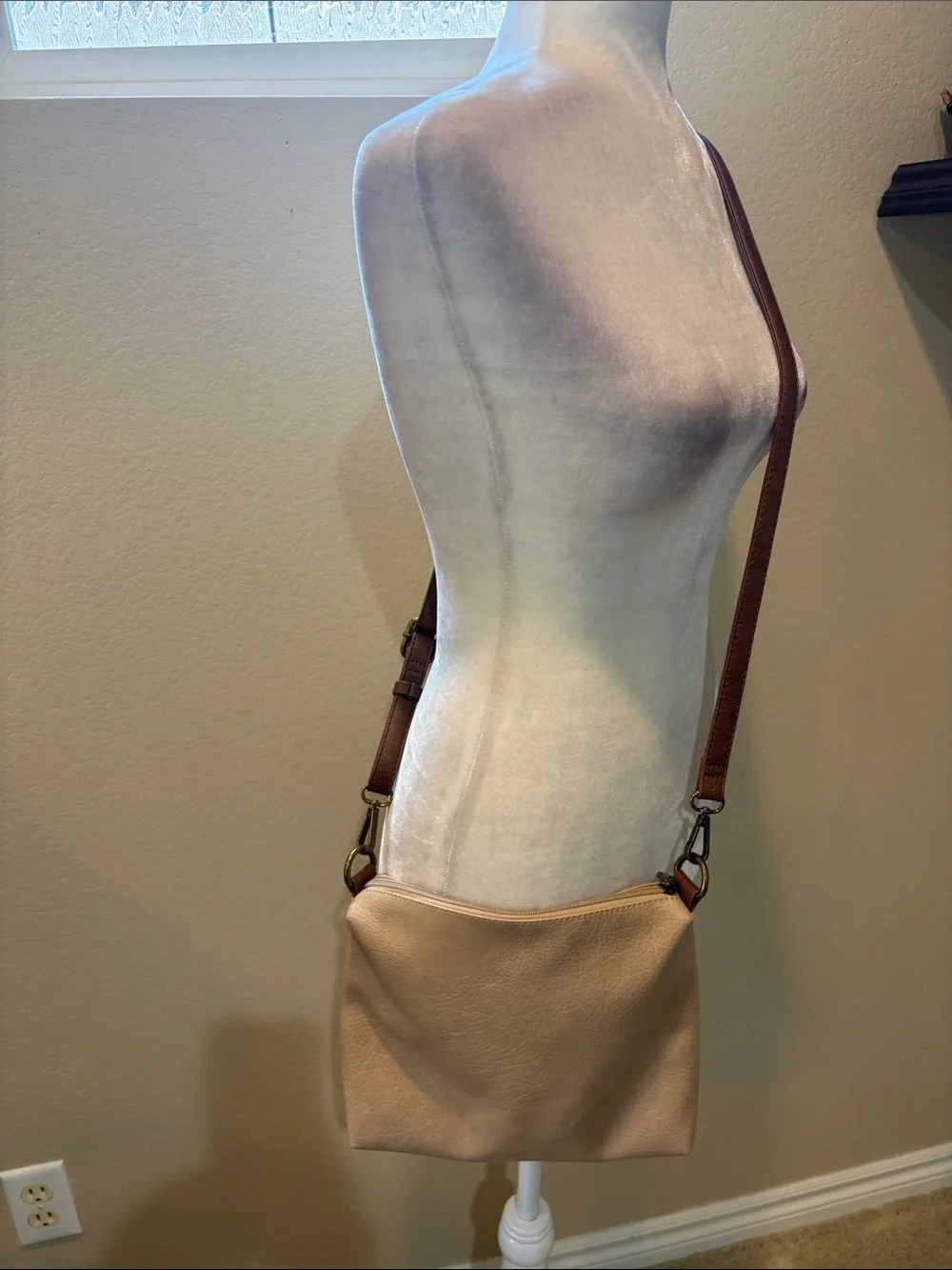 Neutral Beige Pebbled Faux Leather Crossbody with Brown Strap